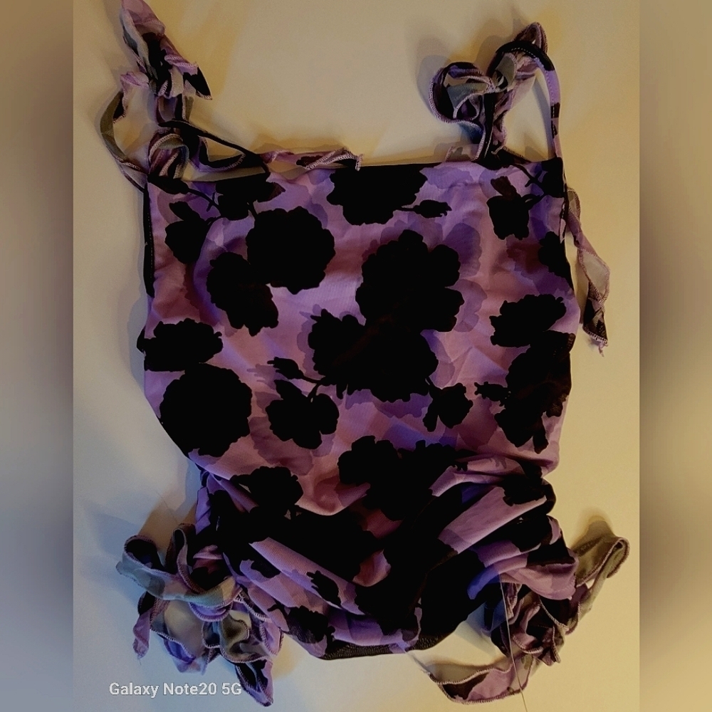 SHEIN X, purple and black ruched tank top w/ruffle ties. NWT. Size Medium.